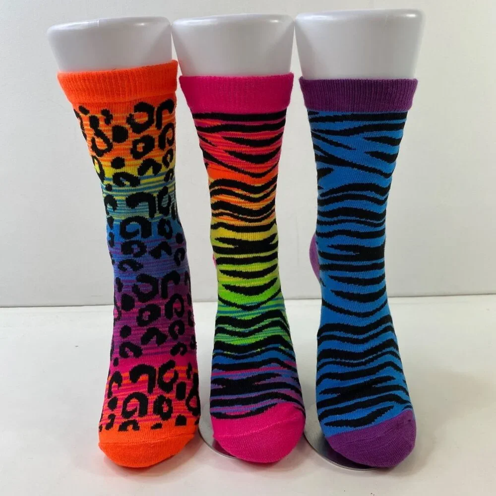 Rainbow Animal Print Socks 3-Pack - Neon Leopard & Zebra Patterns